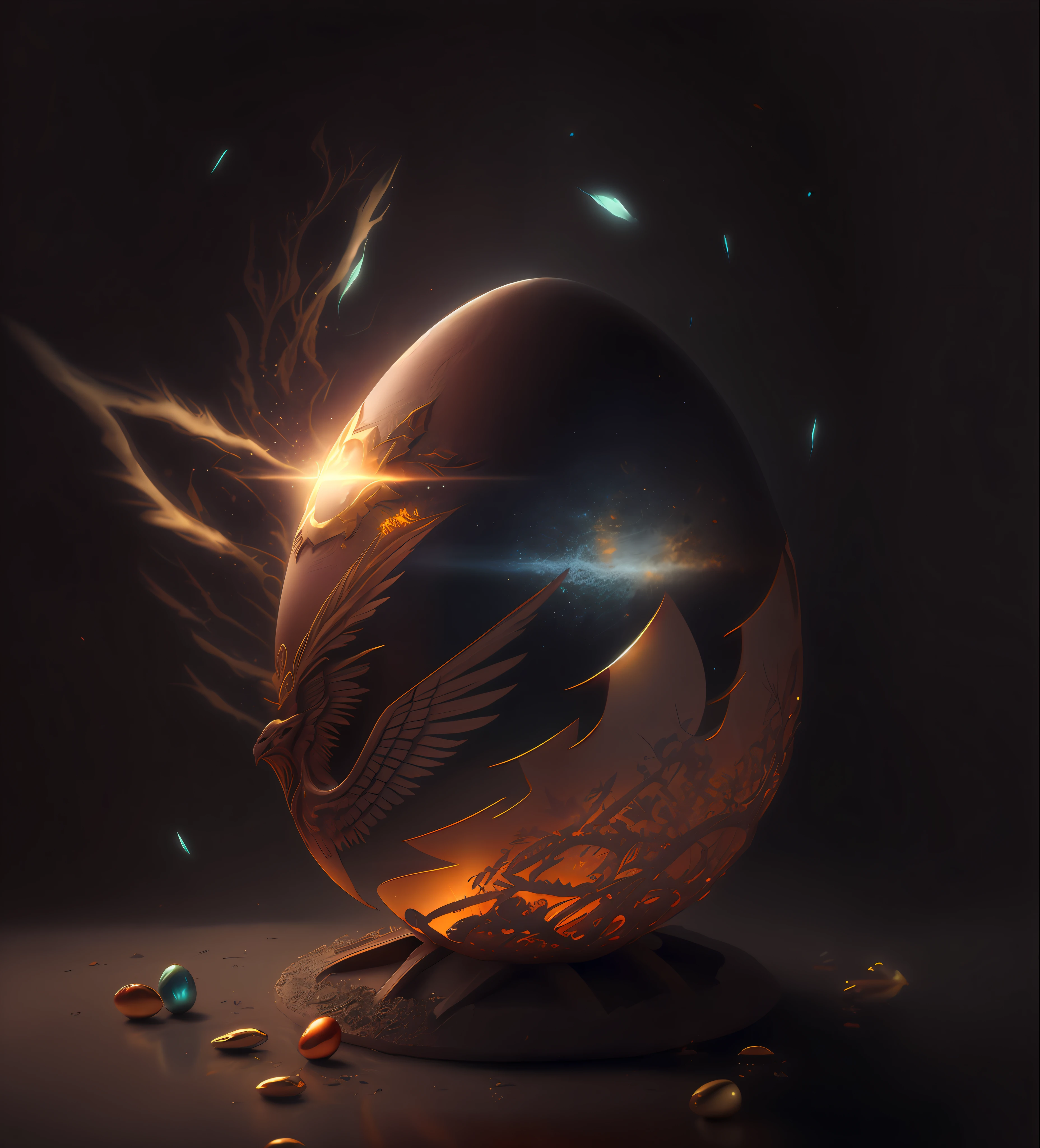 there is a large egg with a hole in it on a dark surface, 3d digital art 4k, cinema 4d bright light render, cinema 4 d art, 3d render digital art, humpty dumpty in form of egg, digital art render, high-quality render, magic frozen ice phoenix egg, cinema 4 d render, cinema 4d render, white background, color slash, aint unreal engine, octane (broken eggs | intricateaptor Christ:1.27) as as illustrated by simon bisleyiplice & chris hemsworth w 1 0 8 2 holding Aeons Old Weapon + ornate detailed sword + angel wings new technology + holy concept art + hyper realistic flesh