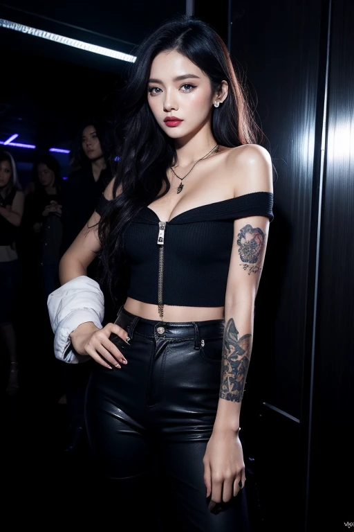 photorealistic, high resolution, soft lights, 1women, 25 years old, solo, hips up, blue eyes, vlack hair, long hair, jewelry, tattoo, open up unzipped off shoulder streetwear blouse, korean thailand mixed sexy super model, sexy  body with sexy cleavage , inside an empty modern night club 