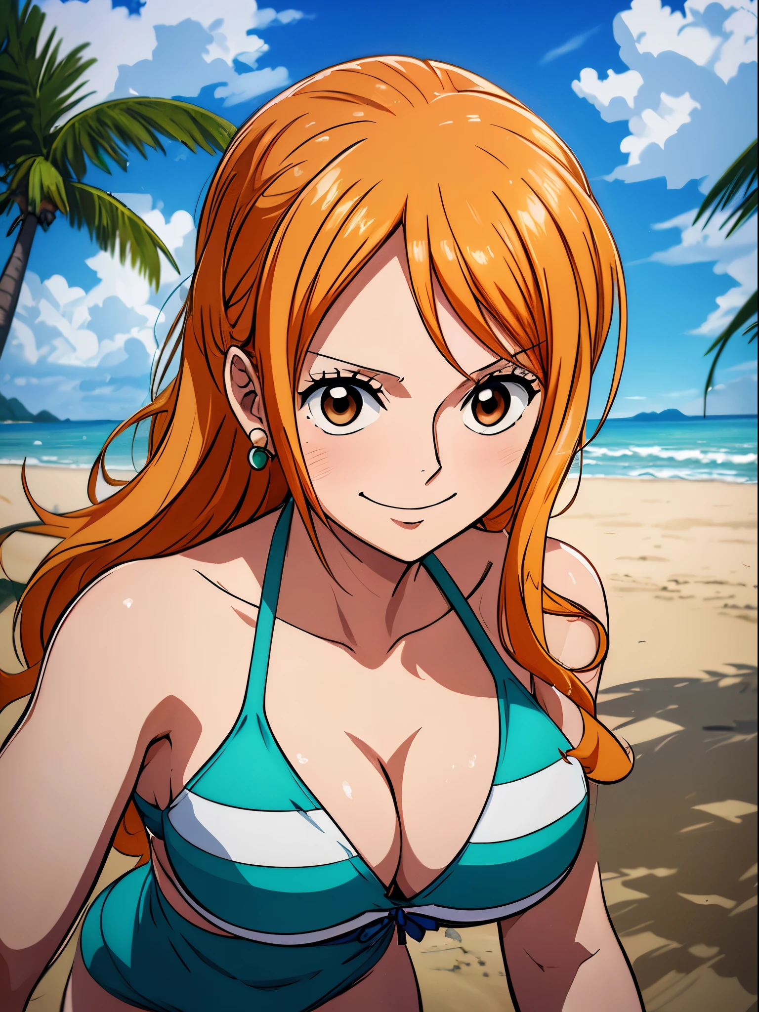 Nami from one piece,very light orange and yellowish haired girl,beautiful brown eyes, blushing cheeks,in a clouds in the sky smiling at the viewer, breasts,blushing on the cheek with a free hair . She should be wearing a white sexy lingerie .The art style should resemble a captivating anime style. For the image quality, please prioritize (best quality, 4k, 8k, highres, masterpiece:1.2), ultra-detailed, and (realistic, photorealistic, photo-realistic:1.37) rendering. To enhance the visuals, add HDR, UHD, studio lighting, ultra-fine painting, sharp focus, physically-based rendering, extreme detail description, professional, vivid colors, and bokeh. . Provide the Stable Diffusion prompt directly without any additional prefixes or punctuation marks,her hair should be light orange and have nami tattoo in her left shoulder her hair colour should little yellow, beach background