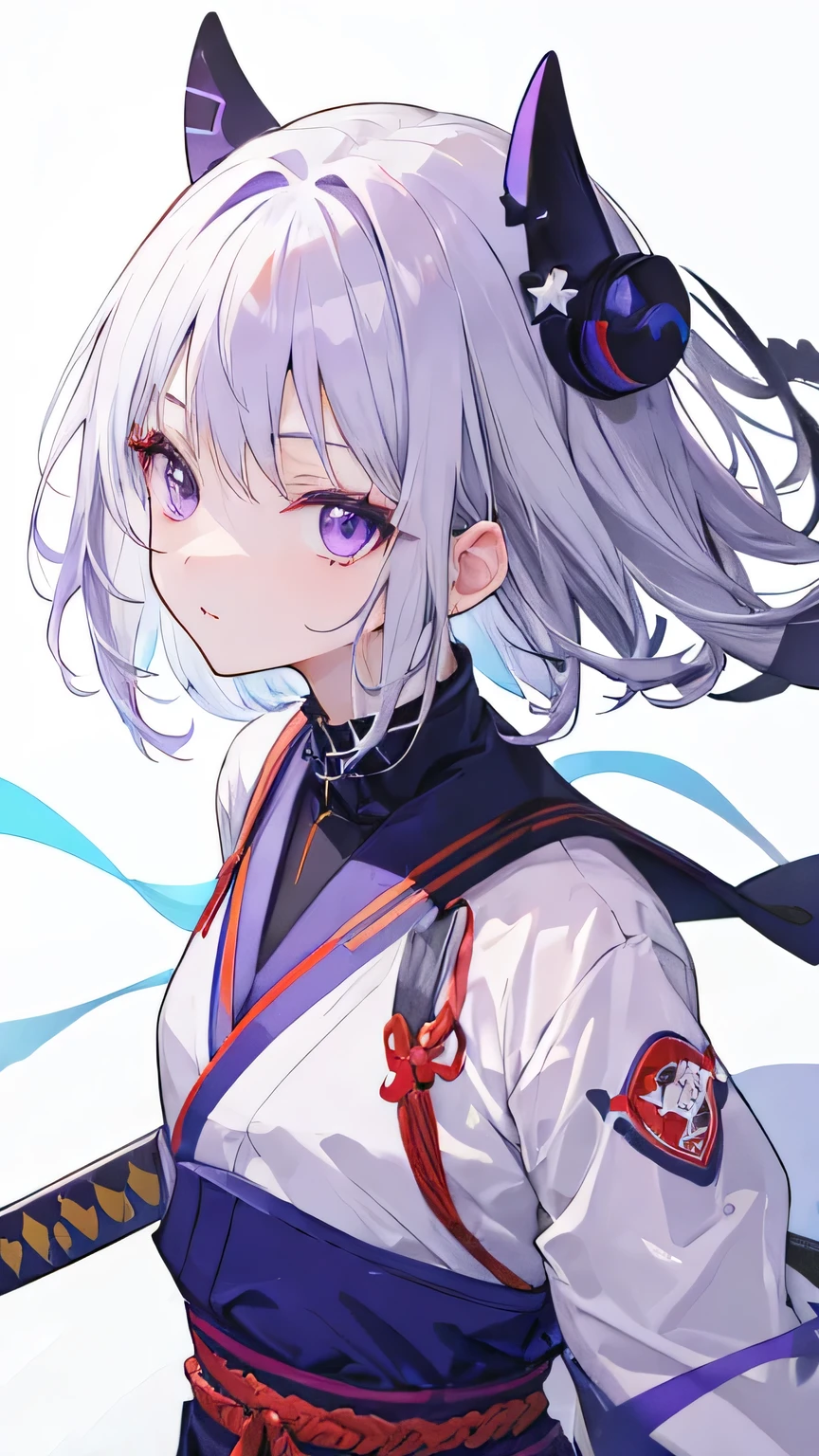 silver hair, purple eyes, blue , cute anime girl, red katana
