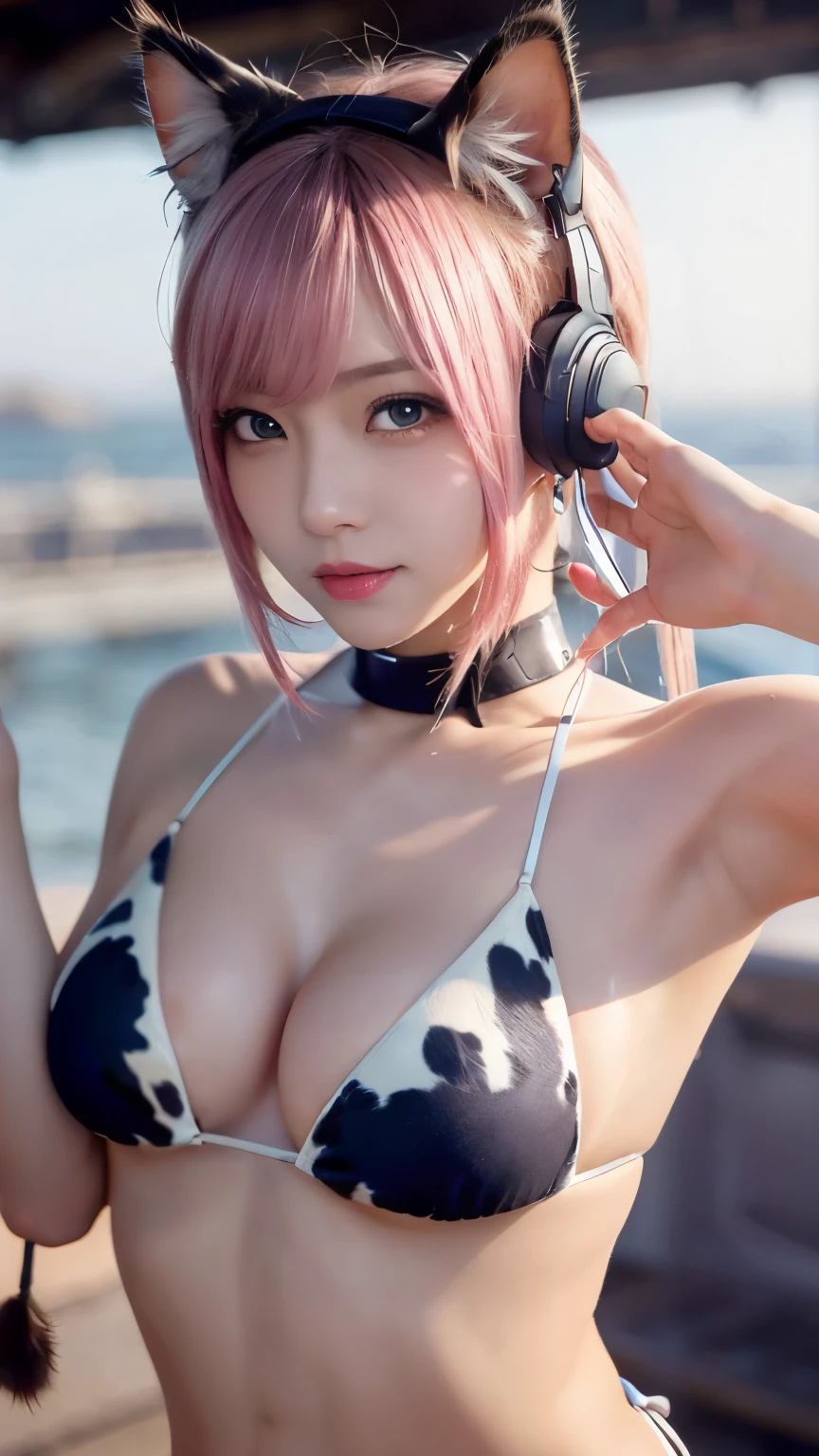 masterpiece, 4k, Bokeh, beautiful face, (multiple girls:1.4), Harem, group photo, (Cat ear:1.3), pink soft hair , looking at the viewer, (cow pattern bikini:1.2), sundown seashore, closeup