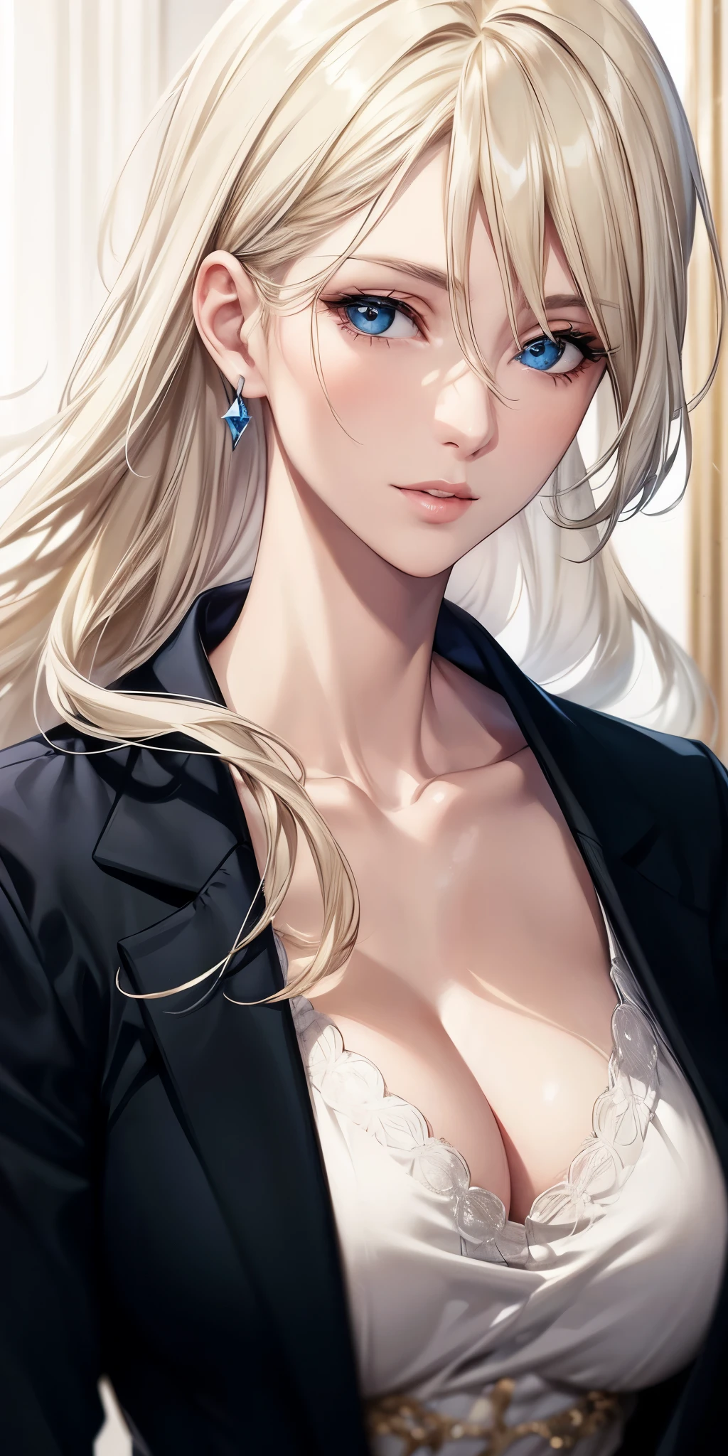 portrait, realistic, elegant mature woman, blue eyes, blonde hair, big ??????, 4k resolution, beautiful cg, soft light