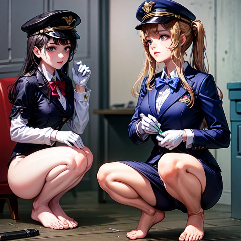((best quality)), ((masterpiece)), (detailed), perfect face Flight attendant wearing cap, bowtie, gloves and long sleeve tuxedo leotard squatting barefoot. Painted toenails