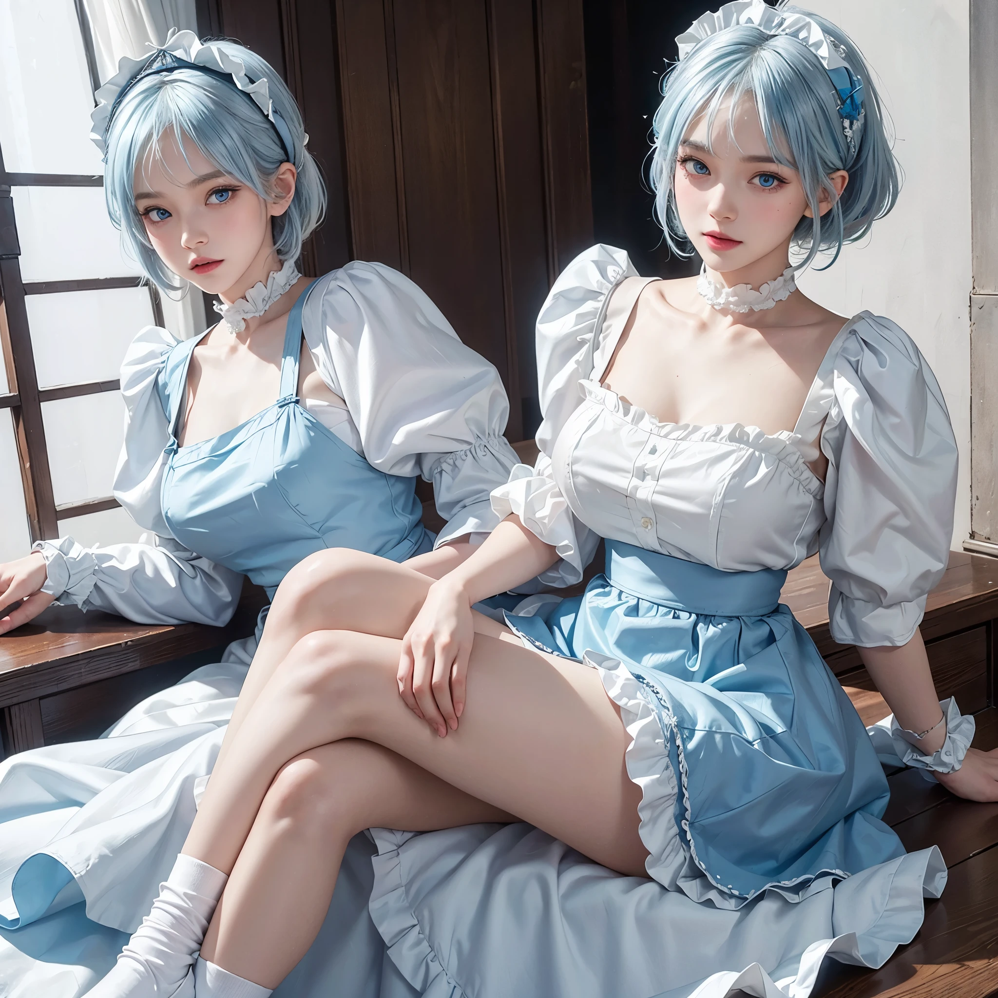 UHD, masterpiece, ((anatomically correct)), textured skin, super detail, high details, high quality, best quality, 16k, 8k, (1 Girl, English Maid:1.5), (Solo Focus, Alone, Woman, Only 1 Girl:1.5), cute, seductively posing, (Maid, Mini Skirt, Ruffled Maid Headband, Ruffle blouse, Ribbon Ties, aprons, Long skirt, Puff sleeves, White silk ankle socks, frilld:1.3), (Skyblue Hair, Bub Haircut, WetHair, Blue Eyes :1.3), beautiful detailed eyes, beautiful clavicle, beautiful body, beautiful chest, beautiful thighs, beautiful legs, Lean Forward, (In The Bed Room At Night), Lim light, Natural lighting, Cowboy Shot, seductively posing, (Cinematic light)