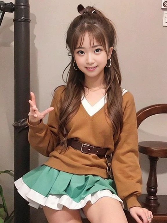 ((super high quality:1.2,super high quality:1.2,photo reality:1.2,ultra high resolution,super fine,alone,No medical defects,not medically excessive)),(perfectly balanced body),look at the camera,smile,blush,(double good),(light brown hair),(very long hair),(V-neck sweater),Mini skater skirt,check,hairpin,hair ribbon,knee high boots,cowboy shot,put your hand on your chest