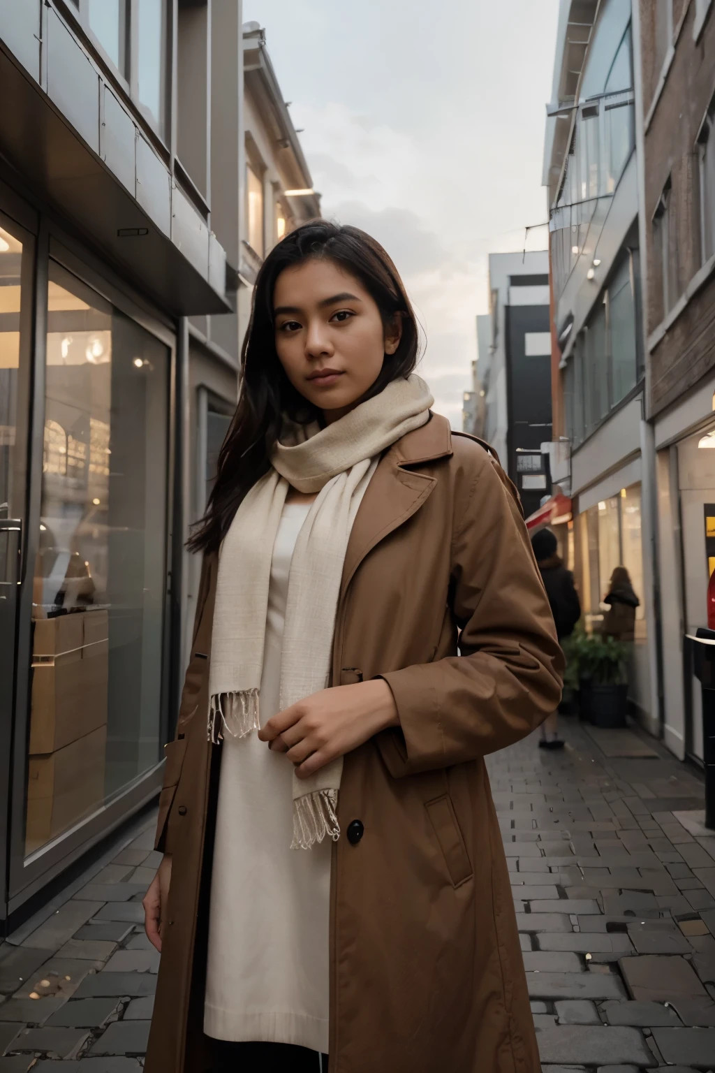 a 24 year old arafed Indonesian woman in a brown coat and white scarf standing in front of a building, ð¤  using ð¥, taken in 2 0 2 0, cold as ice! ð§, inspired by Amir Zand, amsterdam, standing in the city center, in a city with rich history, taken in 2022, an aesthetic!