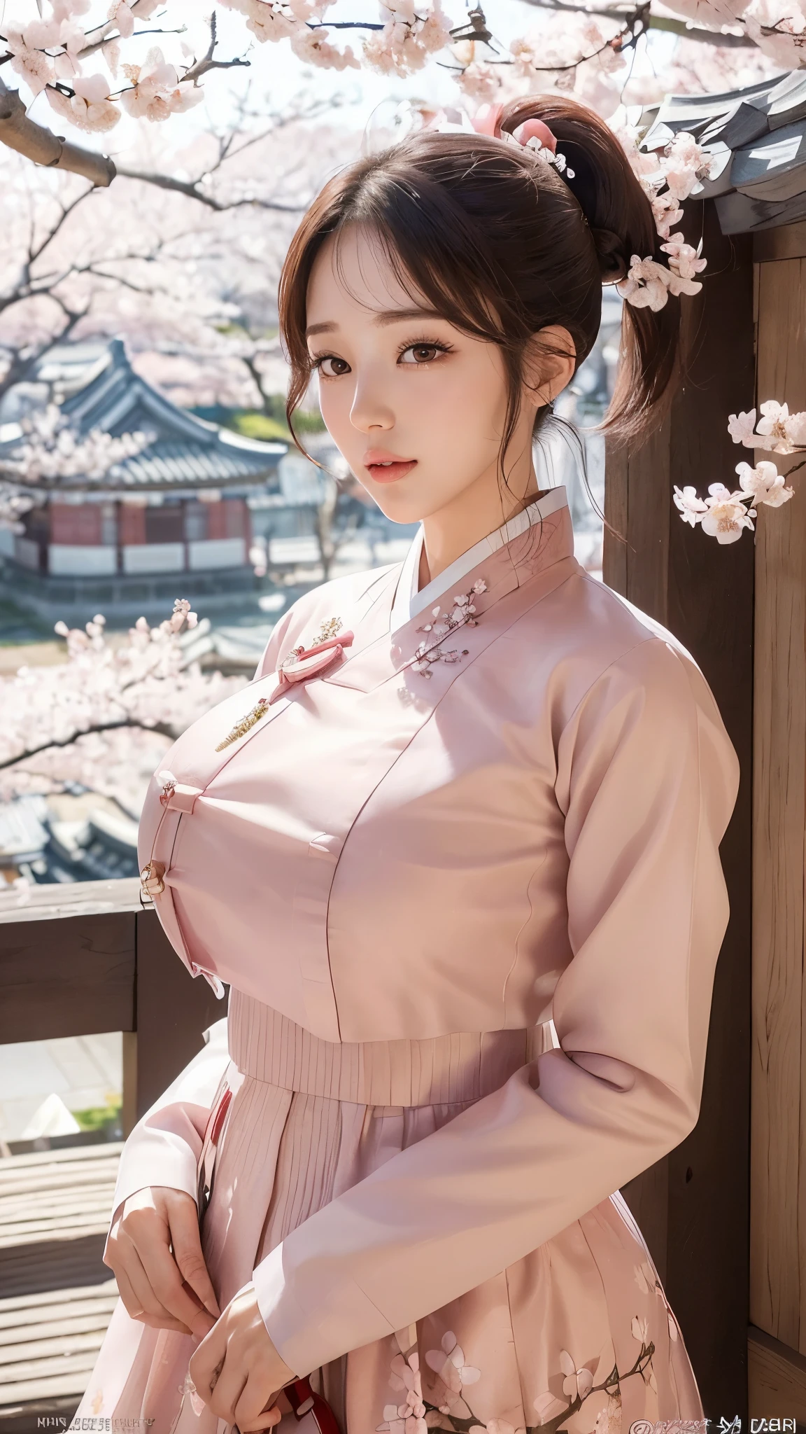 (best quality, 8k, masterpiece: 1.3), ((((((extremely giant breasts: 0.8))))), single ponytail, (beautiful face:1.3), Cherry blossoms are in full bloom, full of cherry blossoms, Floating cherry petals, Gorgeous, authentic Korean hanbok