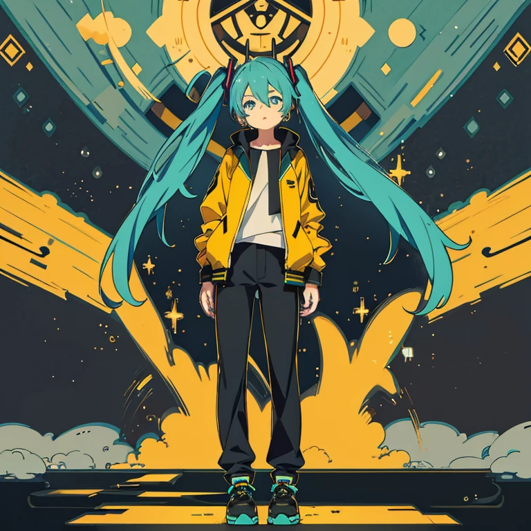 1girl, hatsune miku, jacket yellow, black shirt, pants black, shoes black, without socks, wink, duck in arms, house