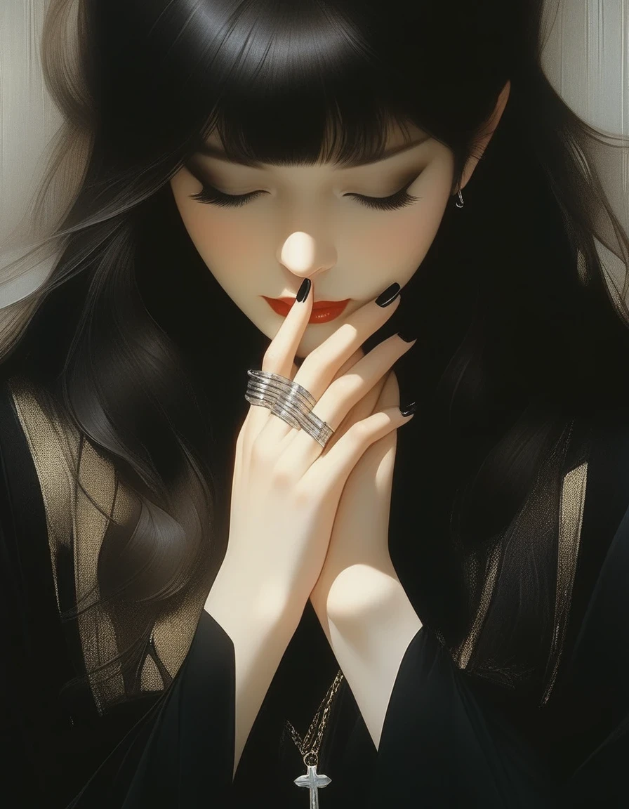 Close-up of pale hands with long black nails and cross ring, Kaneko, Half-closed eyes in the dark, Robert Ferrie (Roberto Ferri) Hajime Sorayama (Hajime Sorayama) style of