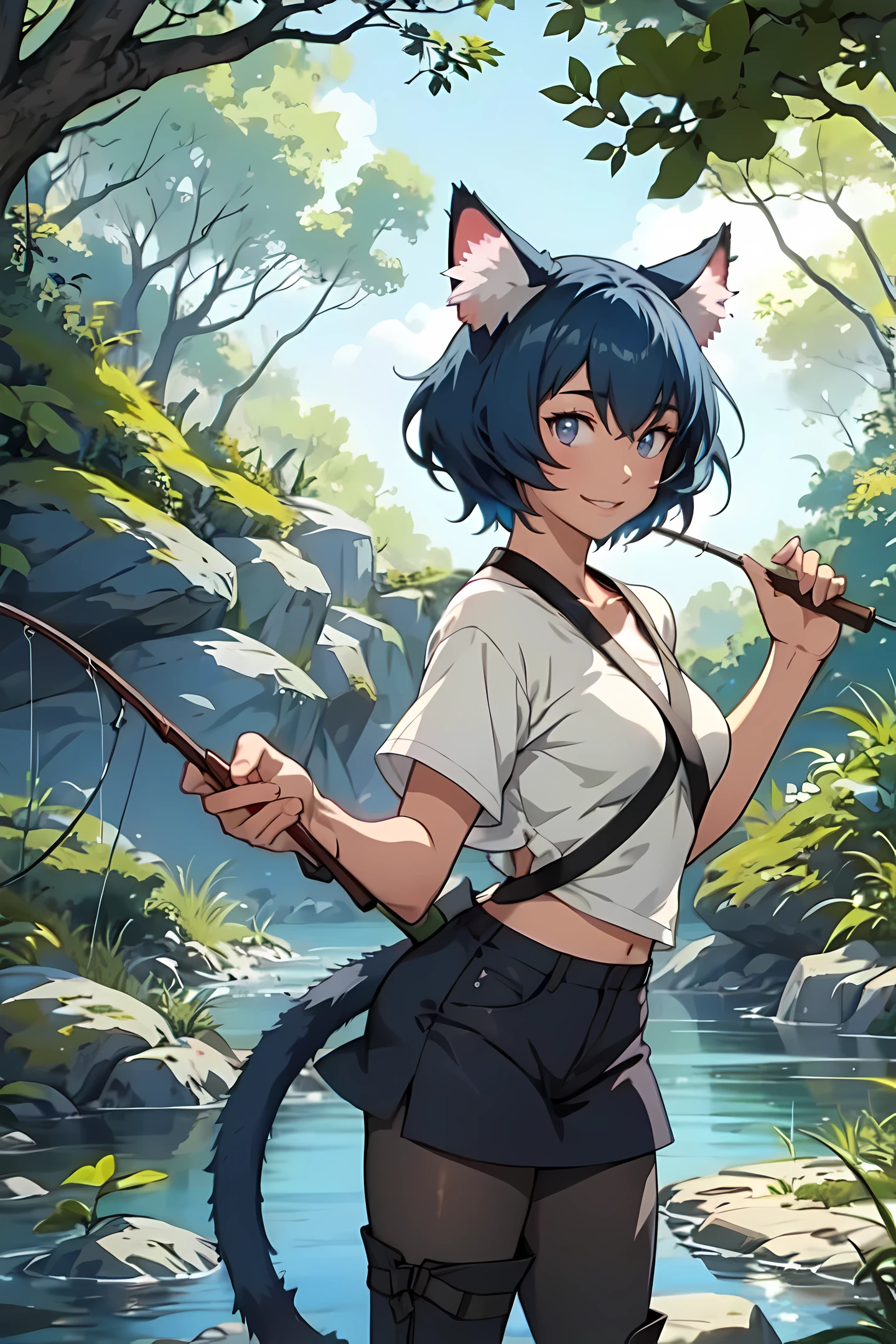 Anime, miria, cat ears, (cat tail), fishing, chaos, holding (fishing rod) in hand, masterpiece ,pantyhose, medium breasts, boots, long pants, smile,standing, forest, blue hair, short hair