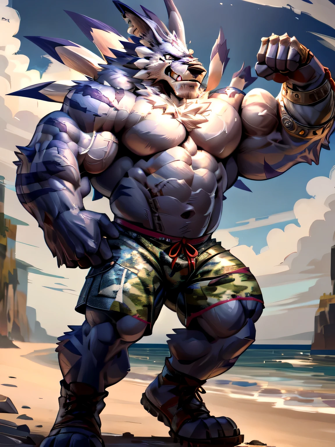 ultra quality:1.4, 4k, high resolution, best quality, color, smooth comics style, takemoto_arashi style, taran_fiddler style, solo, weregarurumon:1.0, muscles:1, bulky defined arms, bulky defined chest, bulky defined legs, vascular veins, anime martial arts, sweat:1.2, strong:1, masculine, (at the beach), dynamic scene, (shirtless, wearing camo shorts, combat boots), holding up arms, flexing biceps, detailed, detailed face, detailed eyes