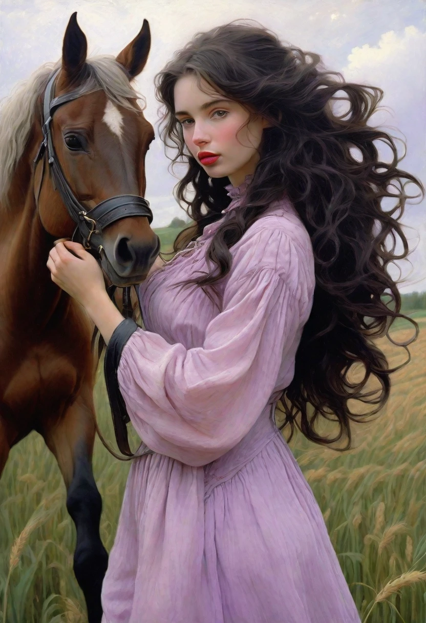 Realism, dark fantasy style, John Tolkien style, Small painting by Jean-Baptiste Monge, Soft facial features,Rocker girl hugging a horse'neck, Human Hand, Very clear, Without flaws, five fingers, with bright makeup, Modern style, a little full, fat, slight excess weight, Average height, dark pink lips, lip shape"bow" ,"Cool eyebrows in the shape of Angryburts, light gray eyes, large almond-shaped eyes, looking at away, black long wavy hair, hair blowing in wind ,In an airy lilac dress, In sandals..., Standing next to a horse, early morning, Wheat field, Jean-Baptiste Monge, anthropomorphic --ar 2:3 --testp -optimistic;