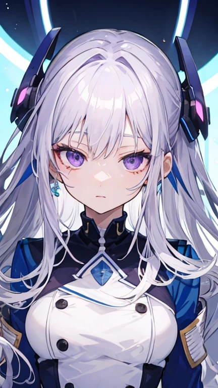 silver hair, purple eyes, blue futuristic uniform, cute anime girl