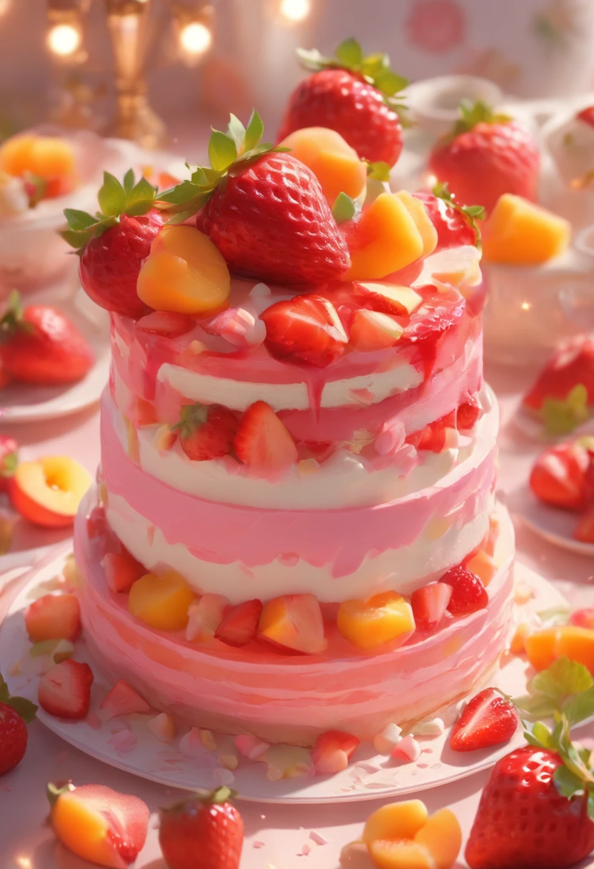 Highest image quality、highest quality、masterpiece、movie-like light、Cute cake、Pink cream、Place strawberries and peaches on top、Gentle light、There is no shadow、Glamorous image