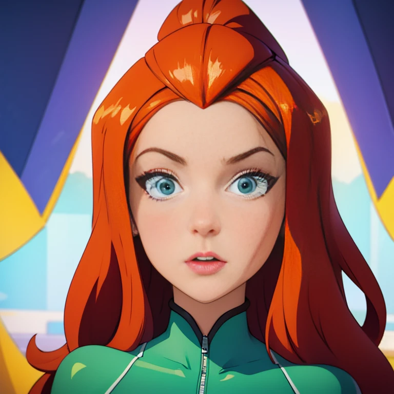 (masterpiece, best quality), face portrait of sam \(totally spies\), orange hair, long hair, green eyes, green body suit, looking at viewer, expressionless, (white background)