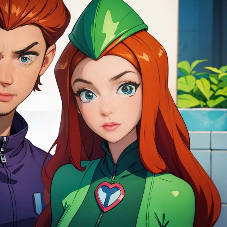 (masterpiece, best quality), face portrait of sam \(totally spies\), orange hair, long hair, green eyes, green body suit, looking at viewer, expressionless, (white background)
