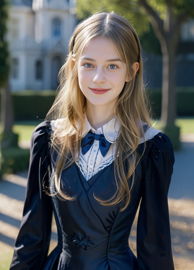 Virginia Otis, (blonde, blue eyes), thin, cute face, Canterville Castle night walk (novel「ghost of canterville」Works inspired by). 1887, victorian dark fantasy、whole body、Taken from a distance、smile