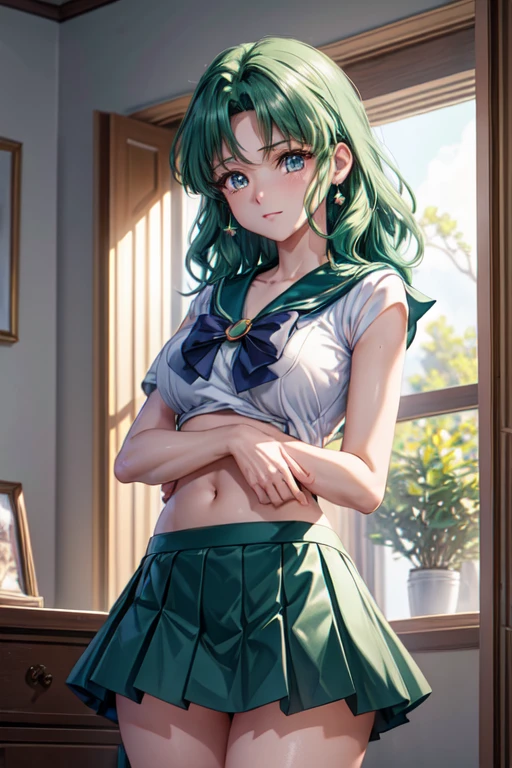 (sailor neptune, mature woman, small breasts, aqua eyes, dark green hair, medium hair)、(to lift up one’s skirt:1.3),(own hugging legs:1.3),(cowboy shot:1.3),1 girl, , Uhd, retina, masterpiece, Accurate, anatomically correct, rough skin, Super detailed, advanced details, high quality, Award history, 最high quality, High resolution, hd, 4k,(anime,8K,masterpiece, 最high quality, 最high quality,beautiful and aesthetic:1.2,professional illustration:1.1,Super detailed:1.3,perfect lighting),very detailed,most detailed,incredibly absurd,High resolution,Super detaileded,Complex:1.6, cute pose,