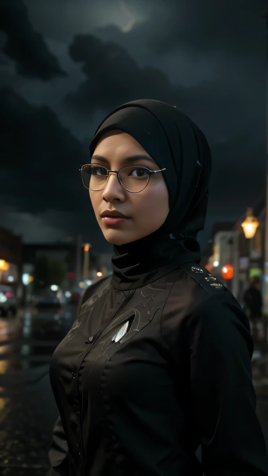 1 makaysian girl, hijab, eye glass, WARFRAME, intricate pattern, heavy metal, energy lines, faceless, glowing eyes, elegant, intense, blood red and black uniform, solo, modern, city, streets, dark clouds, thunderstorm, heavy rain,, dramatic lighting,, (masterpiece:1.2), best quality, high resolution,   beautiful detailed, extremely detailed, perfect lighting,