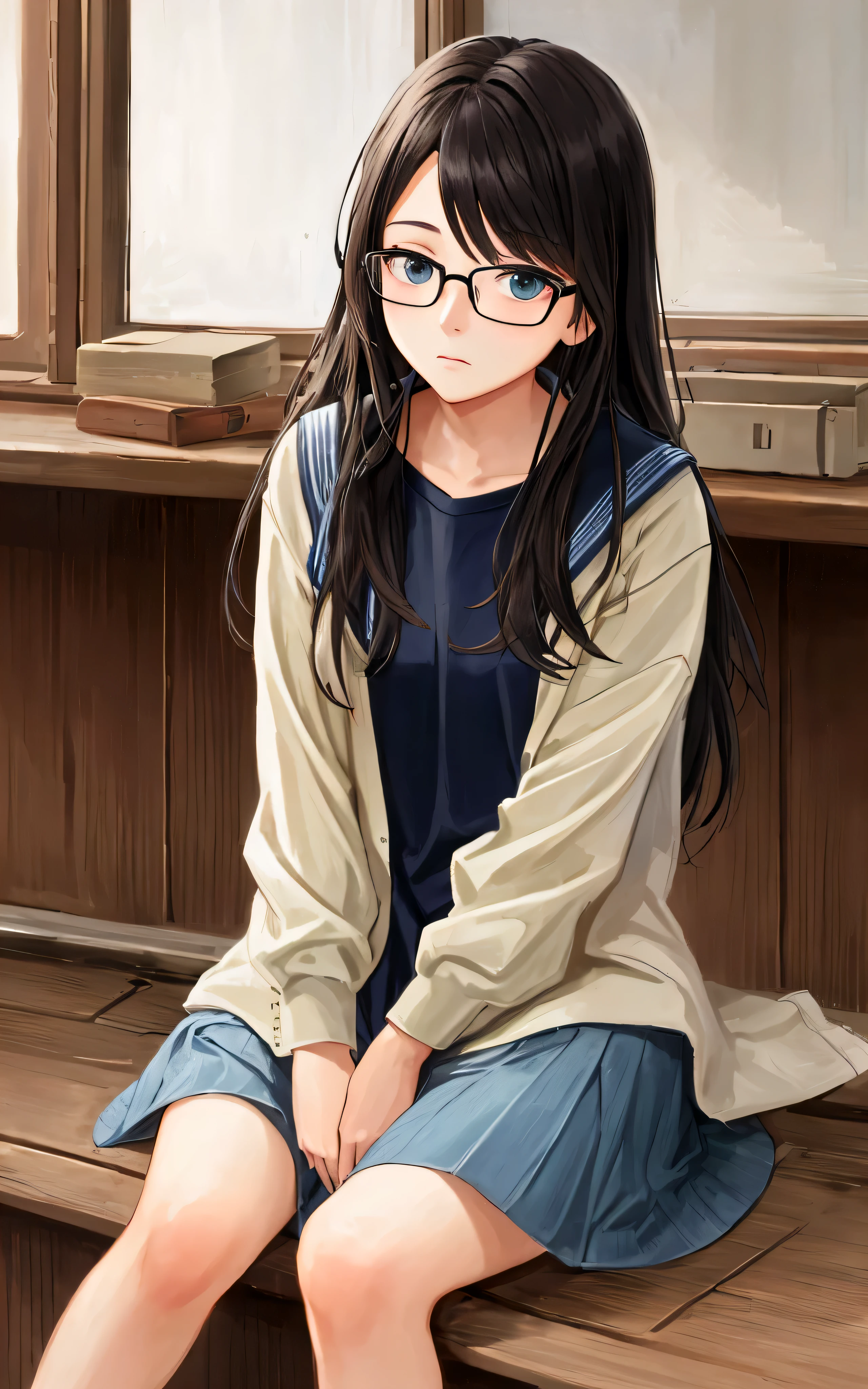A keen girl, casual style, sitting , student with glasses, long hair, Japanese high school student clothes, casual style, ultra high Quality potrait