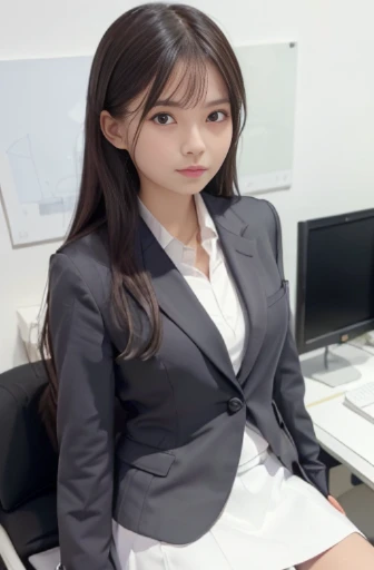 best quality, detailed, beautiful, insanely detailed, absurdres,perfect anatomy,
Japanese woman,black hair,27 years old,
(slender),
(small breasts),nsfw,
cheerful, sitting, legs spread wide, hair over one eye, flipped hair, (((gray business suit, white skirt))),((Wearing white panties)),(Panties are visible,)) in the office, with a chair, front view