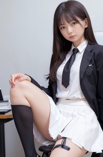 best quality, detailed, beautiful, insanely detailed, absurdres,perfect anatomy,
Japanese woman,black hair,27 years old,
(slender),
(small breasts),nsfw,
cheerful, sitting, legs spread wide, hair over one eye, flipped hair, (((gray business suit, white skirt))),((Wearing white panties)),(Panties are visible,)) in the office, with a chair, front view