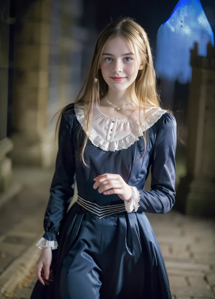 Virginia Otis, 15 years old (blonde, blue eyes), thin, cute face, Canterville Castle night walk (novel「ghost of canterville」Works inspired by). 1887, victorian dark fantasy、whole body、Taken from a distance、smile

