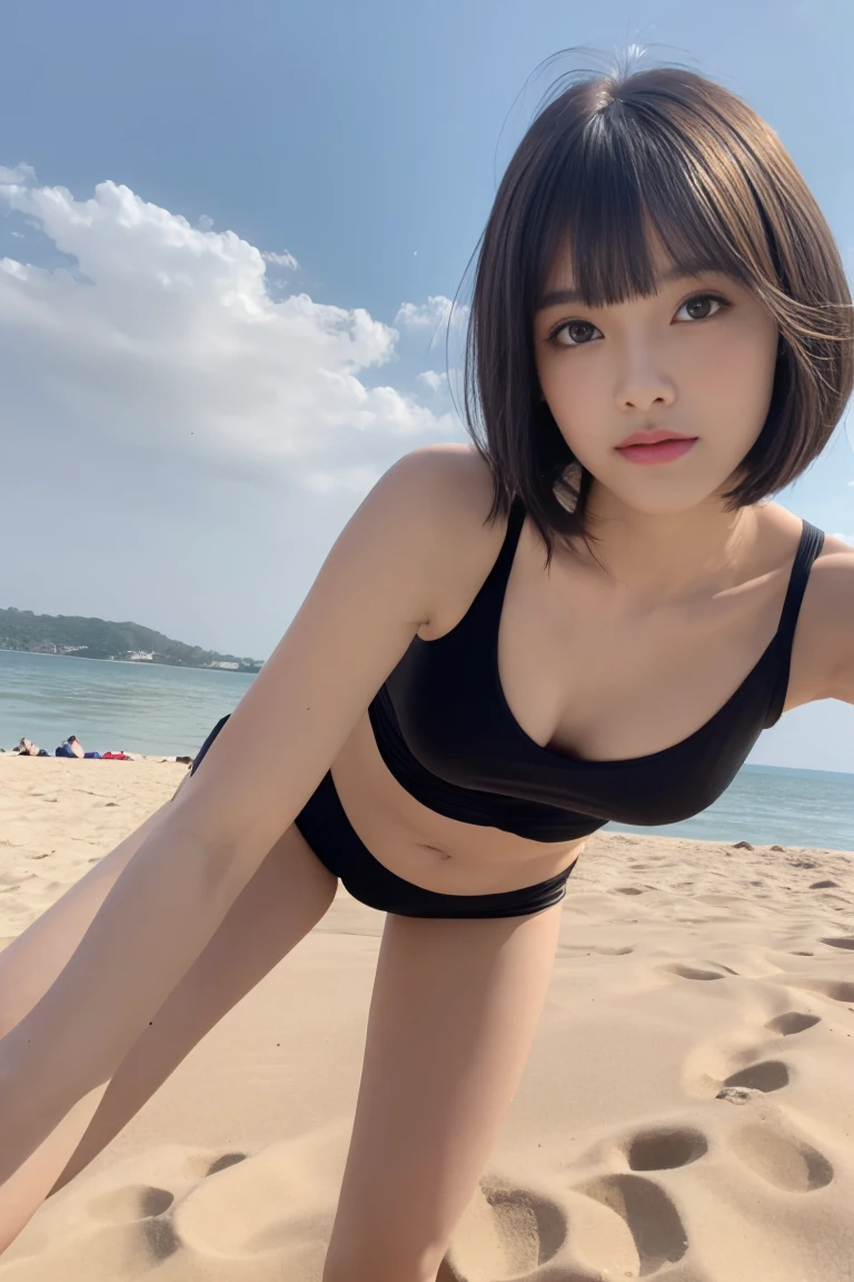 ,(((masterpiece, highest quality, Super detailed))), 1 female, (((very thin body))) , (((length, thin legs))), (((black short hair,dull bangs):1.2)), (((highly detailed face))), No cosmetics, small, thin nose, small thin mouth, (((Very sharp focused eyes))), Japanese, beautiful face, (lifelike face), Beautiful Hairstyles, realistic eyes, fine and beautiful eyes, beautiful body,(real looking skin), beautiful skin, charm, ultra high resolution, surreal, high detail, golden ratio, elevation angle,(detail makeup:1.2), Tank top,Wearing hot pants,beach，sandy beach，jumping，shot from below