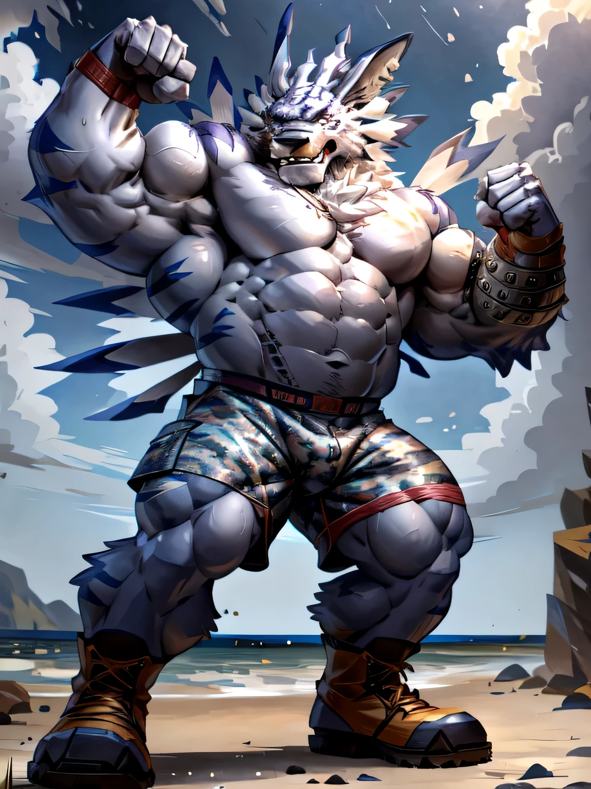 ultra quality:1.4, 4k, high resolution, best quality, color, smooth comics style, takemoto_arashi style, taran_fiddler style, wfa style, solo, weregarurumon:1.0, muscles:1, bulky defined arms, bulky defined chest, bulky defined legs, vascular veins, anime martial arts, sweat:1.2, strong:1, masculine, (at the beach), dynamic scene, (shirtless, wearing camo shorts, combat boots), holding up arms, flexing biceps, detailed, detailed face, detailed eyes