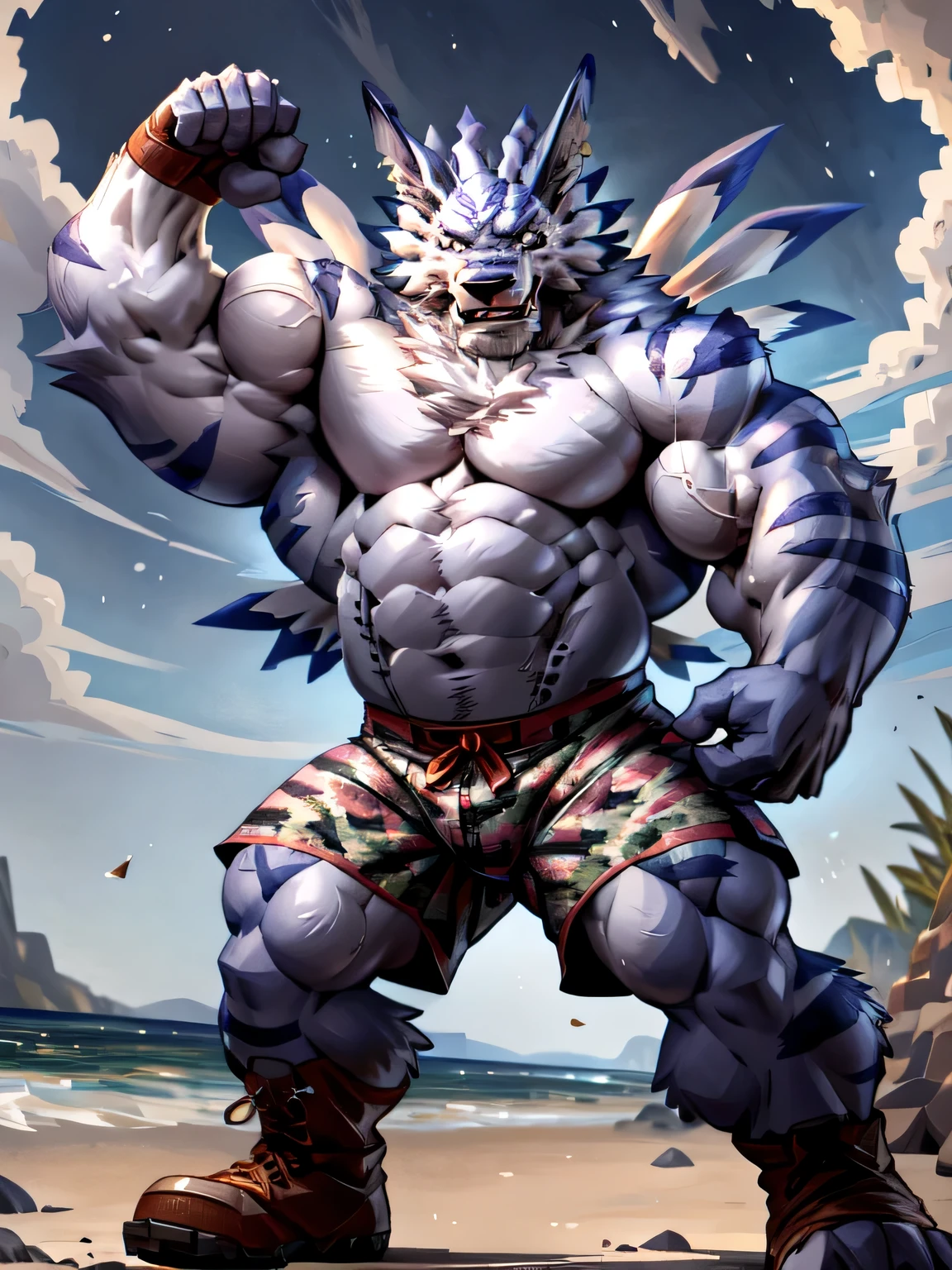 ultra quality:1.4, 4k, high resolution, best quality, color, smooth comics style, takemoto_arashi style, taran_fiddler style, wfa style, solo, weregarurumon:1.0, muscles:1, bulky defined arms, bulky defined chest, bulky defined legs, vascular veins, anime martial arts, sweat:1.2, strong:1, masculine, (at the beach), dynamic scene, (shirtless, wearing camo shorts, combat boots), holding up arms, flexing biceps, detailed, detailed face, detailed eyes