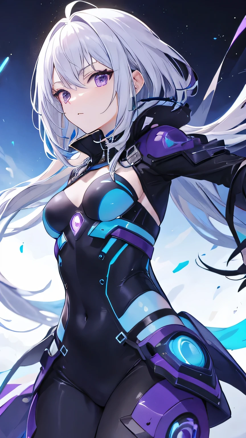 silver hair, purple eyes, blue futuristic combat , cute anime girl,