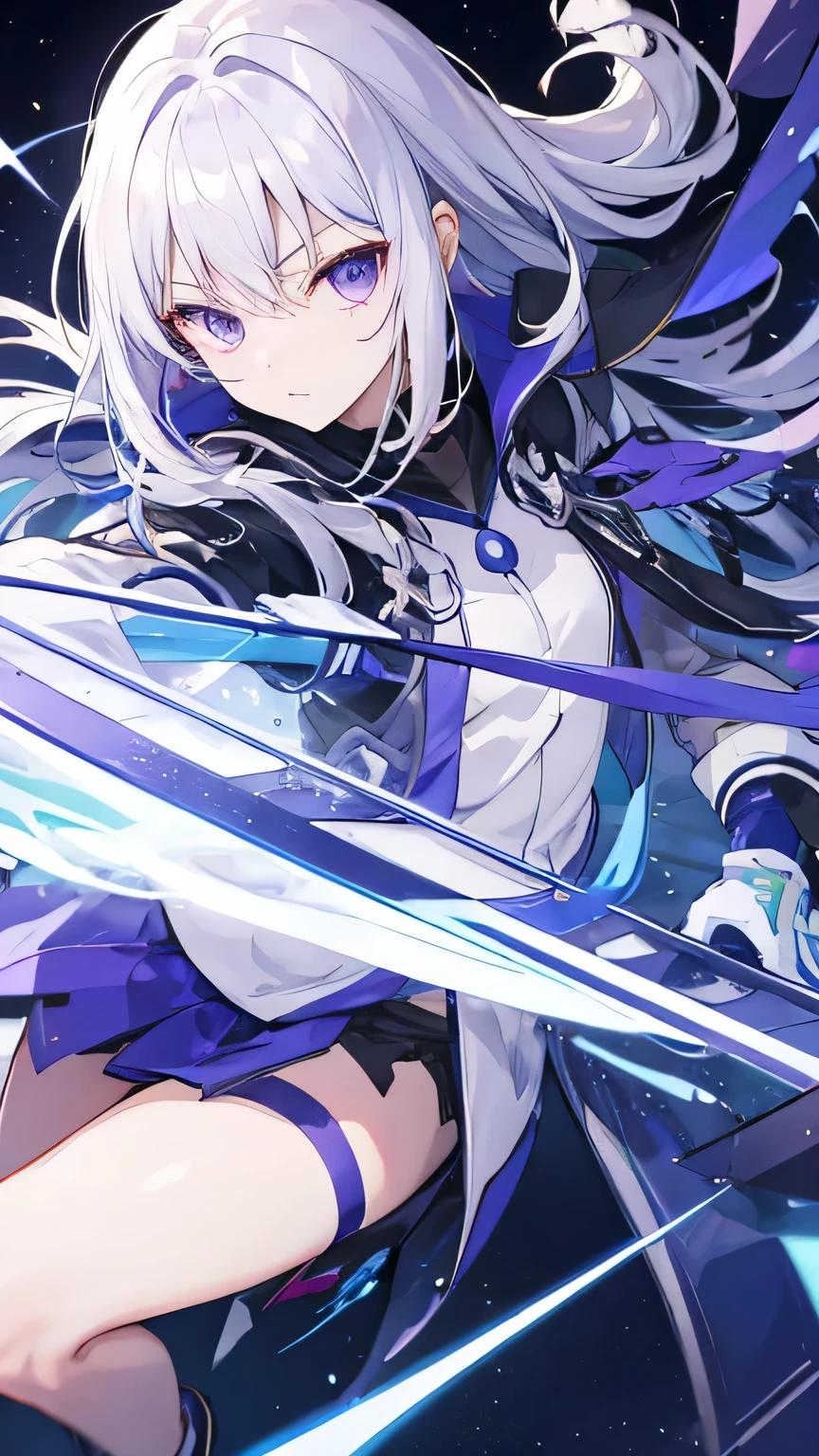 silver hair, purple eyes, blue futuristic combat , cute anime girl,
