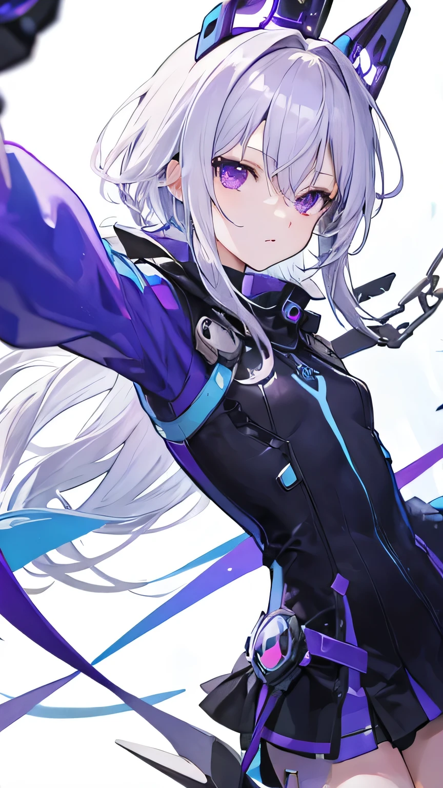 silver hair, purple eyes, blue futuristic combat , cute anime girl,