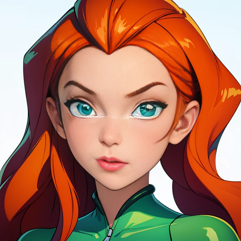 (masterpiece, best quality), face portrait of sam \(totally spies\), orange hair, long hair, green eyes, green body suit, looking at viewer, suspicious expression, (white background)