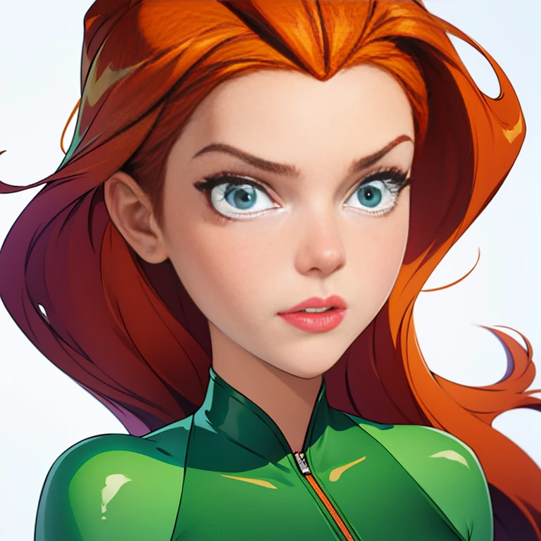 (masterpiece, best quality), face portrait of sam \(totally spies\), orange hair, long hair, green eyes, green body suit, looking at viewer, suspicious expression, (white background)