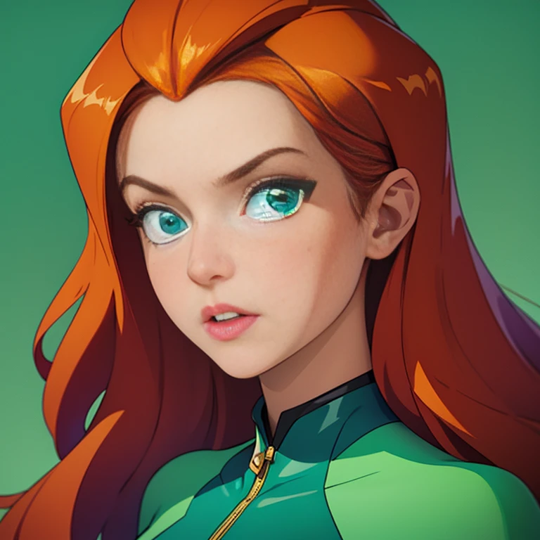 (masterpiece, best quality), face portrait of sam \(totally spies\), orange hair, long hair, green eyes, green body suit, looking at viewer, suspicious expression, (white background)