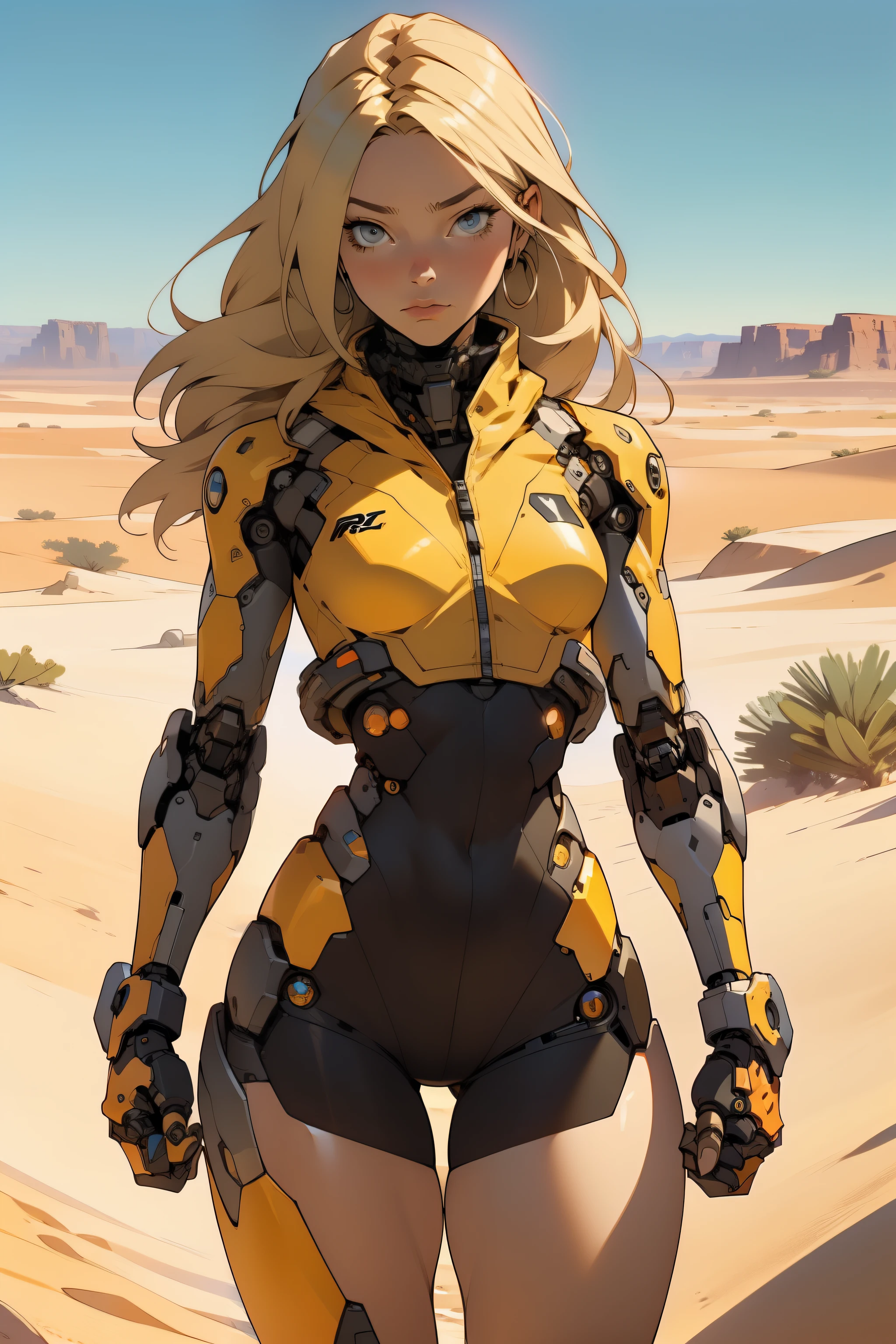 high quality, 4k, masterpiece, beautiful, cyborg girl, cowboy shot, dull eyes, front, looking at viewer, long blonde hair, girl, small breasts, fit thighs, robotic arms, robotic body, cyborg body, yellow & white uniform, orange accent, intricate detail, joint, detailed lines, robotic detail, holding fist up, holding hand up as fist, color robotic parts, robotic parts with color, perfect fingers, on a desert planet, sunny background, colorful desert, a river or a lake in the background, slender thighs, skinny thighs,