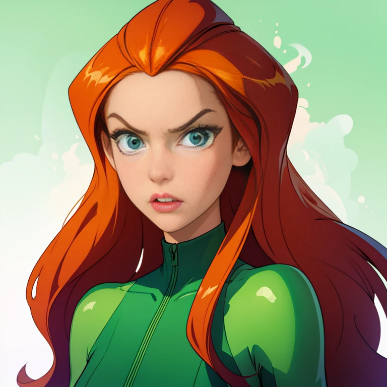 (masterpiece, best quality), face portrait of sam \(totally spies\), orange hair, long hair, green eyes, green body suit, looking at viewer, angry expression, (white background)