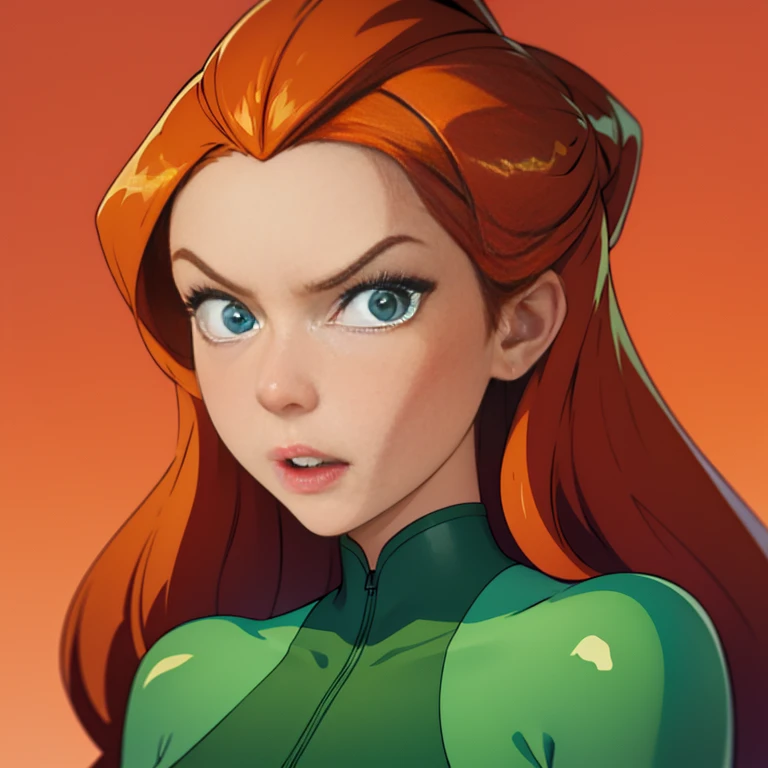 (masterpiece, best quality), face portrait of sam \(totally spies\), orange hair, long hair, green eyes, green body suit, looking at viewer, angry expression, (white background)