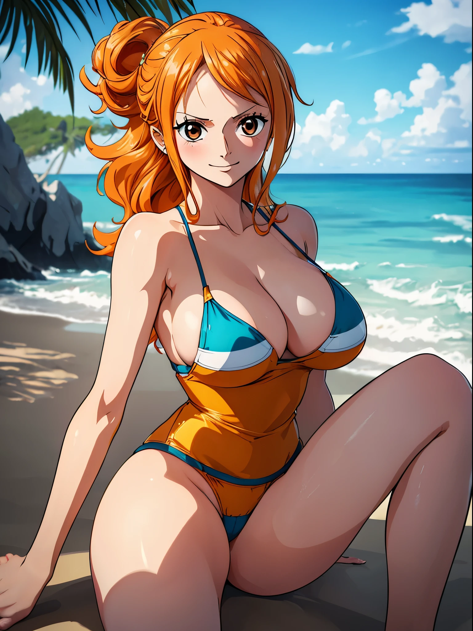 (Nami from one piece),very light orange and yellowish haired girl,beautiful brown eyes, blushing cheeks,clouds, smiling at the viewer, breasts,blushing,arms behind head, show both armpits, sexy legs,cameltoes. (white sexy lingerie).The art style should resemble a captivating anime style. (best quality, 4k, 8k, highres, masterpiece:1.2), ultra-detailed, and (realistic, photorealistic, photo-realistic:1.37) rendering. HDR, UHD, studio lighting, ultra-fine painting, sharp focus, physically-based rendering, extreme detail description, professional, vivid colors, and bokeh. . light orange hair and have nami tattoo in her left shoulder her hair colour should little yellow, beach background, perfect anatomy, perfectly detailed eyes