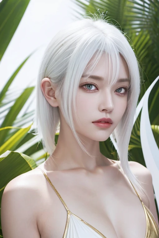need,master piece,white hair,golden eyes,look up,Upper body,hair line,Fair skin,Side Blade,swimsuit