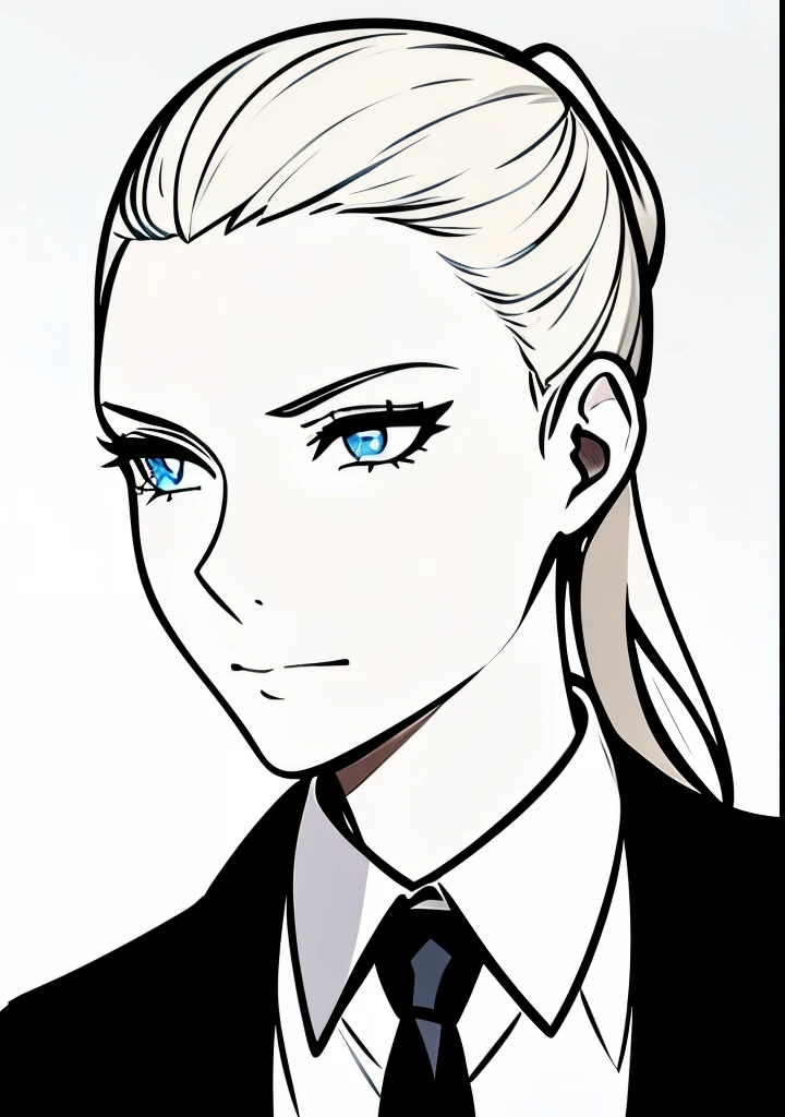 One Young Adult female, pale blonde slicked back into a short ponytail with a single bang on the left hand side, steel blue eyes, light and carefree expression, wearing black suit jacket and tie, portrait style, facing forwards