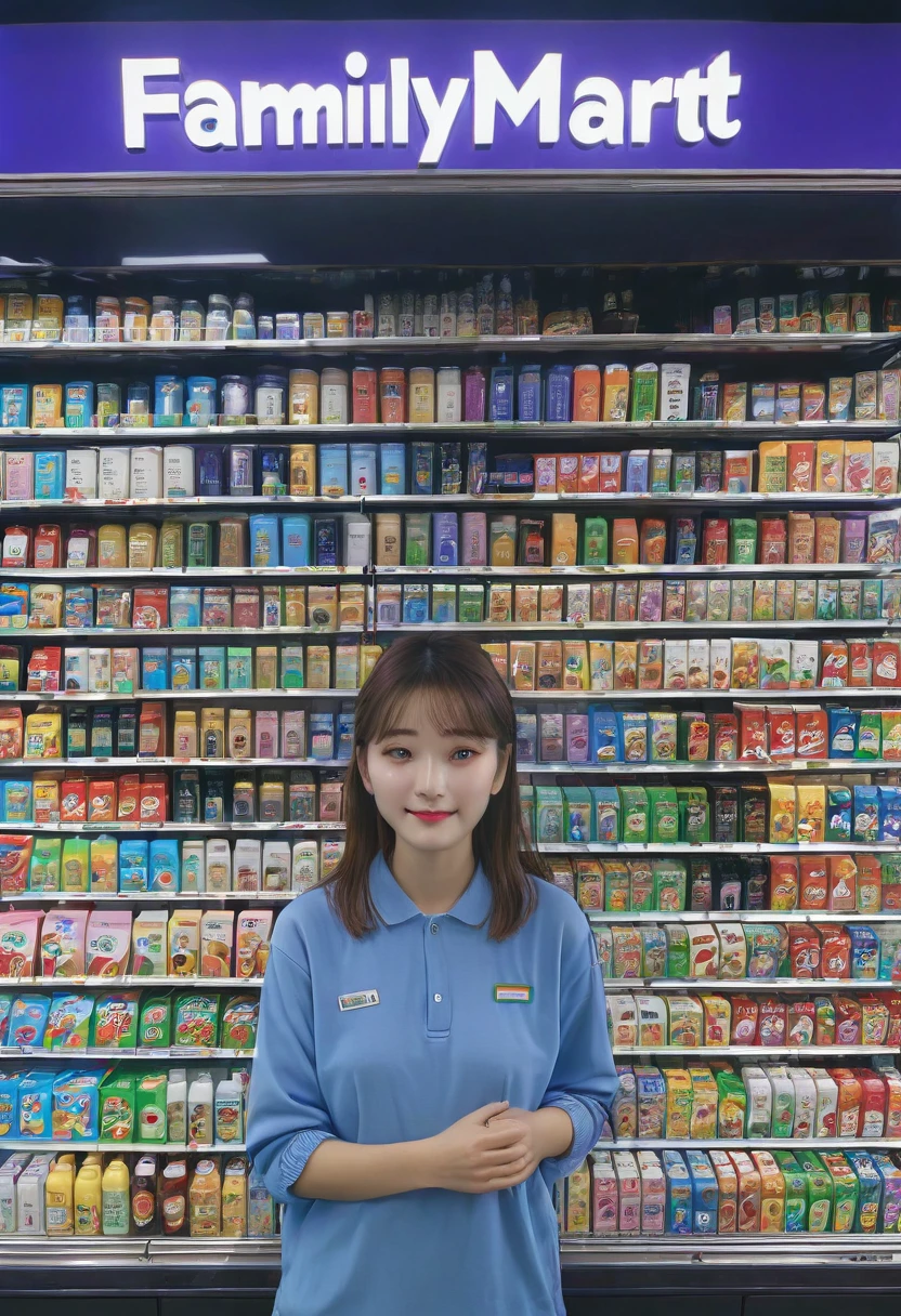 1girl, midnight convenience store, Family Mart, Neon Night page,vibrant city lights, dimly lit shelves full of snacks and drinks, a cashier with tired eyes, fluorescent lighting casting a soft glow, late-night customers browsing the aisles, flickering neon signs outside the store, a sense of mystery and solitude, a hazy atmosphere with a touch of nostalgia, cinematic and atmospheric, high-res details capturing the smallest nuances, a combination of realism and dream-like quality, urban aesthetic blending with a hint of surrealism, cool blue and purple tones, soft shadows and subtle highlights, an ambiance that evokes a sense of tranquility and possibility in the midst of the night.