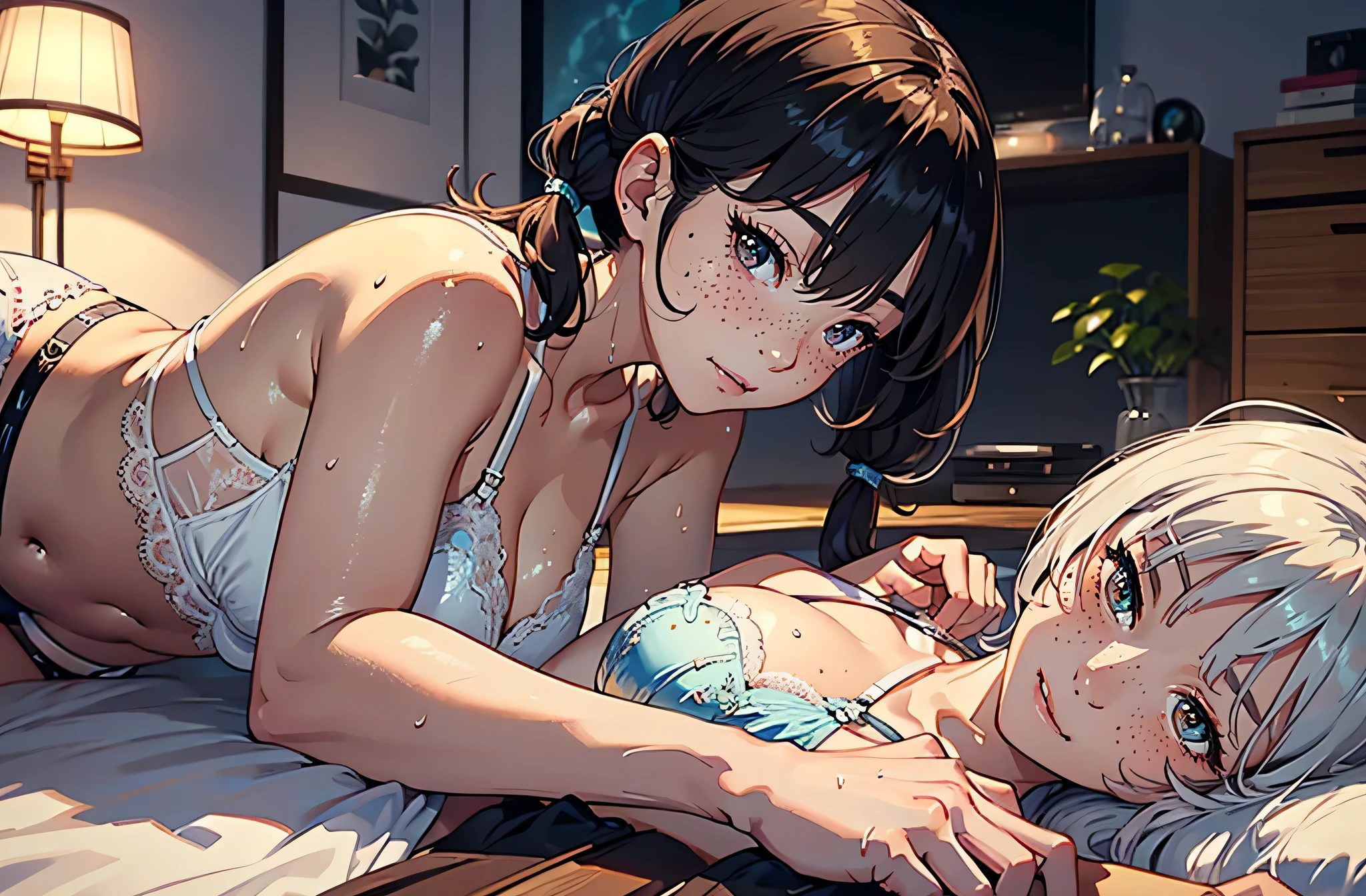 (highest quality, super detailed, very detailed and beautiful, ultra high resolution, arm details: 1.2), A glittering love hotel,Lying in bed,Japanese woman with her arm around another woman, seductive woman,  (japanese woman: 2 people, 20-year-old)), brown hair, Very short hair, short hair, medium hair, long hair, wavy hair, curly hair, bob cut twin tails, low twintails, Beautiful attractive woman in white underwear posing, Lying Japanese woman with bob cut, wicked smile, Japanese woman blushing and looking away, random pose,japanese woman2 people,Real young gravure idol, Young and beautiful gravure idol, 8K)), Young sensual gravure idol, Wet, shiny skin!!, shiny silver, ((beautiful skin)),((skin texture)),((Real Touch)), healthy,ruddy skin, beautiful clavicle, ((Embellished Detail Bra,sensual)),(1 female:Cute freckles on the cheeks,Mole under the left eye),Flushed face,Feel the breath