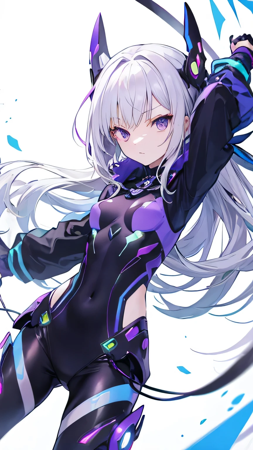 silver hair, purple eyes, blue futuristic combat , cute anime girl,