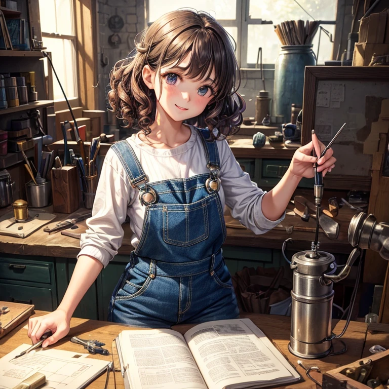 A girl in a workshop,artistic tools,meticulously detailed face,expressive eyes,precise lines on the nose,beautifully defined lips,curly hair,playful smile,creative genius,working on a mechanical invention,vintage machinery,sparkling wrench,glowing soldering iron,toy-like gadgets,innovative designs,animated personality,adorable outfit,blue denim overalls,brown boots,holding a tiny screwdriver,partially disassembled contraption,tools scattered around,organized chaos,comfortable workbench,well-lit space,soft pastel colors,creative energy flowing,happy and focused expression,inspired surroundings,cute and whimsical atmosphere,masterpiece:1.2,high-resolution
