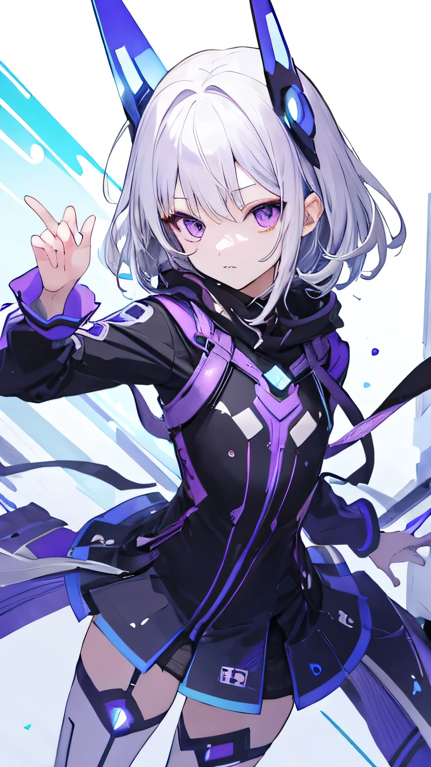 silver hair, purple eyes, blue futuristic combat , cute anime girl,