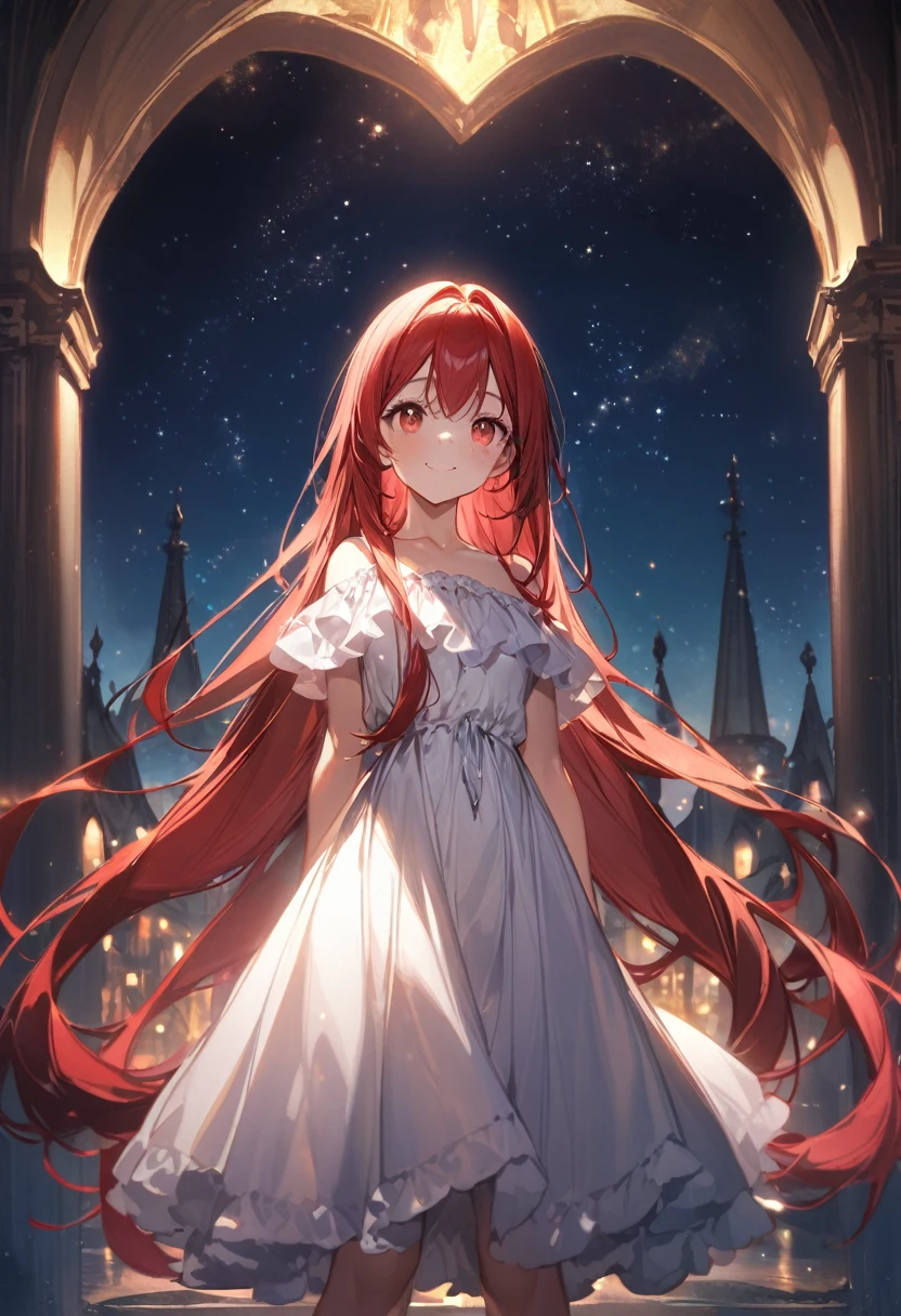 young girl(red hair, freckles, big eyes), wearing frill dress, castle background, slender, straight hair, very long hair, ponytail, off-shoulder top, smile, night, starry sky, stand up, magical sense, centered, approaching perfection