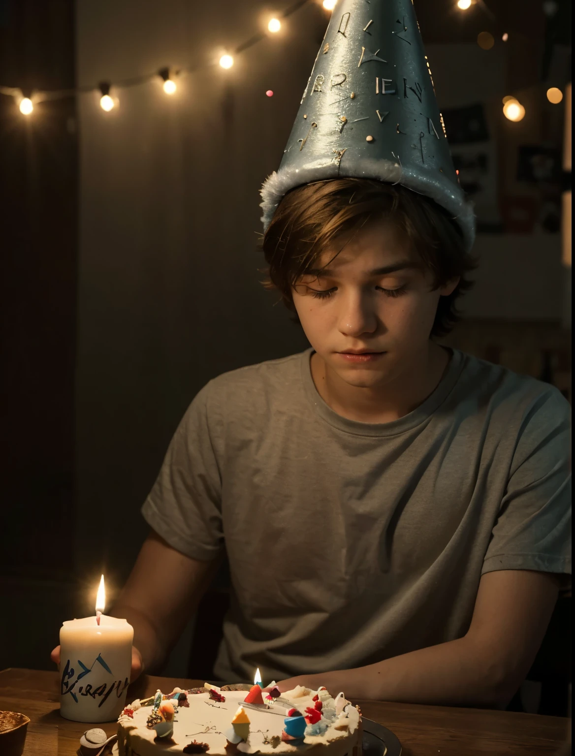 sad young teenage boy, well combed hairs, sitting at a table with a birthday cake lit candle in front of him, wearing a party hat, celebrating a birthday, dark room background, lights off, candle lit, high quality film still, high quality, realistic, 4k