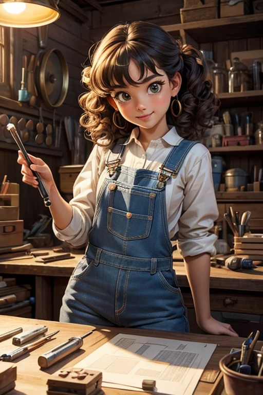 A girl in a workshop,artistic tools,meticulously detailed face,expressive eyes,precise lines on the nose,beautifully defined lips,curly hair,playful smile,creative genius,working on a mechanical invention,vintage machinery,sparkling wrench,glowing soldering iron,toy-like gadgets,innovative designs,animated personality,adorable outfit,blue denim overalls,brown boots,holding a tiny screwdriver,partially disassembled contraption,tools scattered around,organized chaos,comfortable workbench,well-lit space,soft pastel colors,creative energy flowing,happy and focused expression,inspired surroundings,cute and whimsical atmosphere,masterpiece:1.2,high-resolution 